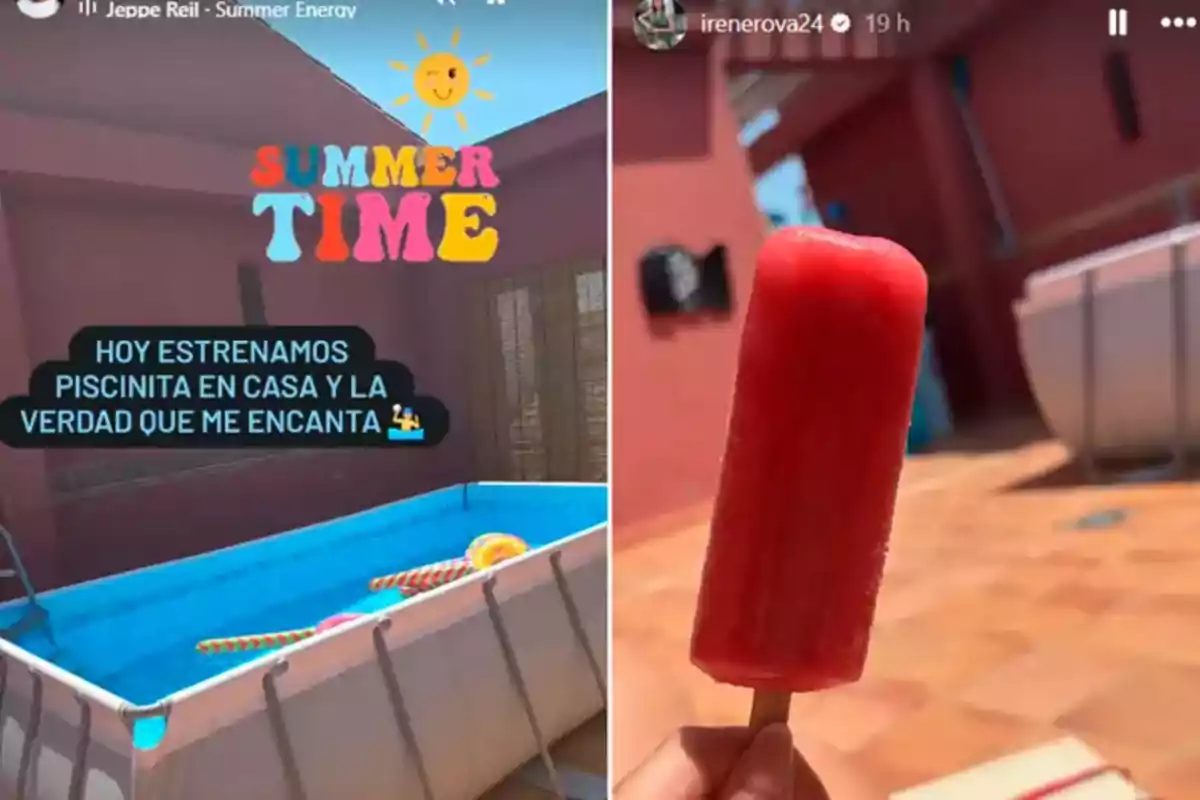 Una piscina inflable azul en un patio junto a una casa y una mano sosteniendo una paleta roja de hielo, todo bajo un ambiente soleado de verano Una piscina inflable azul en un patio junto a una casa y una mano sosteniendo una paleta roja de hielo, todo bajo un ambiente soleado de verano