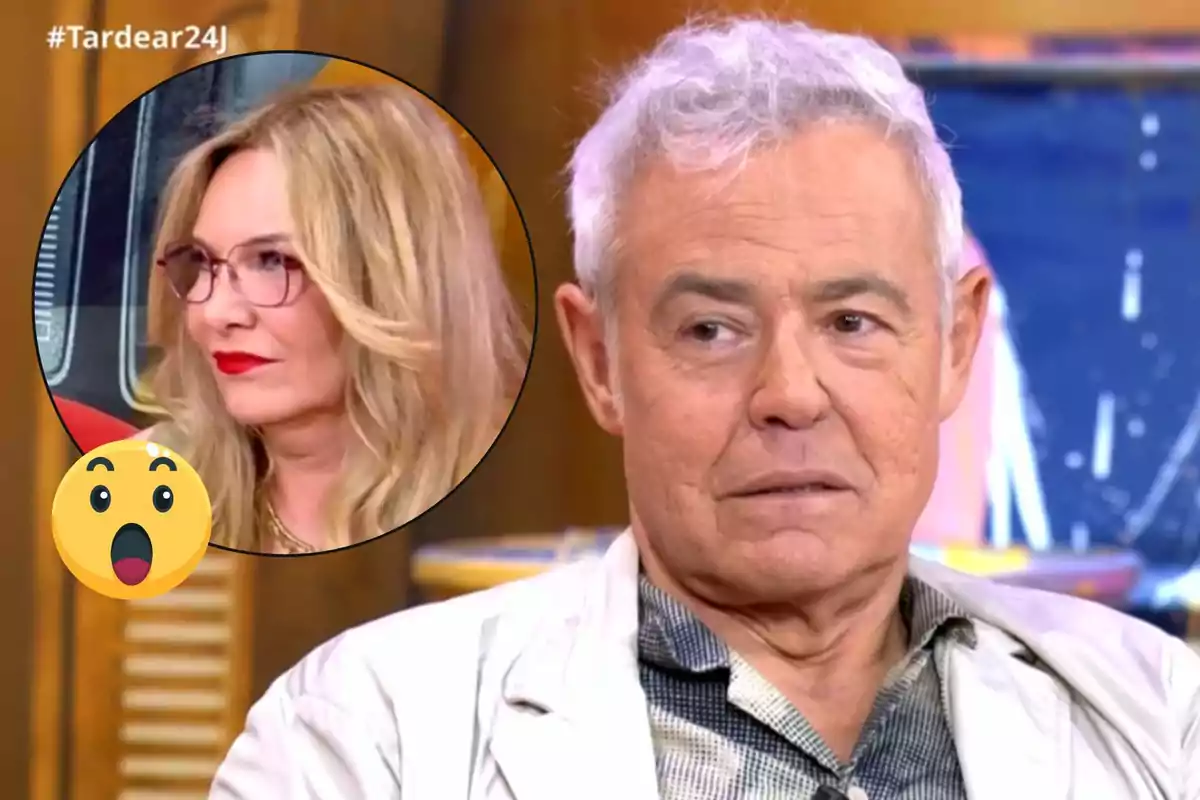 Home de cabells canosos en primer pla amb expressió seriosa i una dona rossa amb ulleres i llavis vermells en un cercle superposat al costat d’un emoji de sorpresa
