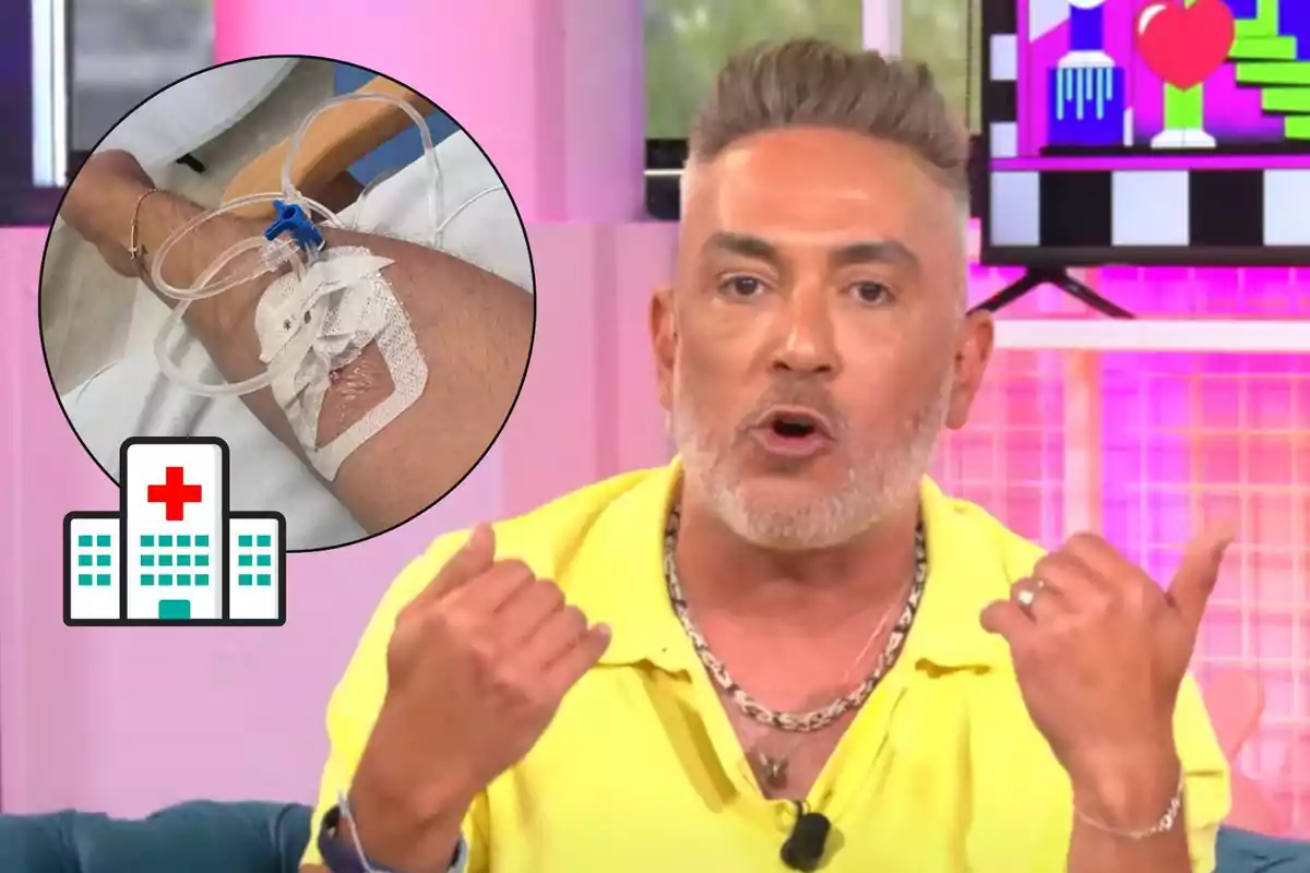 Home de cabells canosos i barba parlant en un programa de televisió amb una imatge superposada d’un braç amb una via intravenosa i una icona d’hospital
