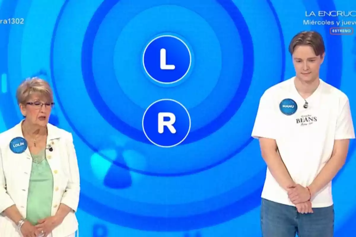 Two contestants on a television set with a blue background and concentric circles, one wearing a white t-jersey and the other a light-colored outfit, with the letters L and R in blue circles appearing between them. Two contestants on a television set with a blue background and concentric circles, one wearing a white t-jersey and the other a light-colored outfit, with the letters L and R in blue circles appearing between them.
