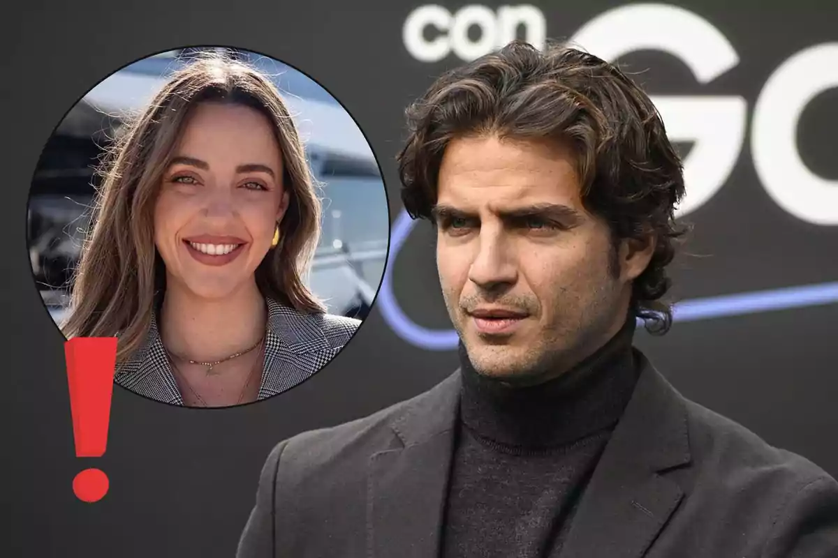 Home de cabell ondulat i expressió seriosa en primer pla amb un requadre circular que mostra una dona somrient i un signe d’exclamació vermell sobre un fons fosc