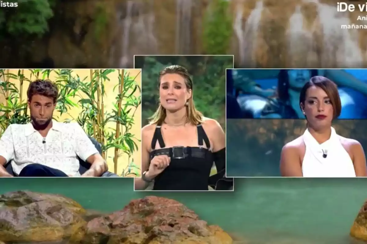 Tres persones apareixen en un programa de televisió, cadascuna en un requadre diferent, amb un fons de natura i una cascada. Tres persones apareixen en un programa de televisió, cadascuna en un requadre diferent, amb un fons de natura i una cascada.