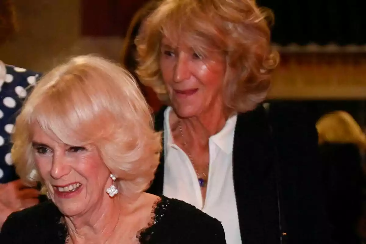 Dos mujeres mayores con cabello rubio y peinados voluminosos están en un evento social elegantemente vestidas y sonrientes Dos mujeres mayores con cabello rubio y peinados voluminosos están en un evento social elegantemente vestidas y sonrientes