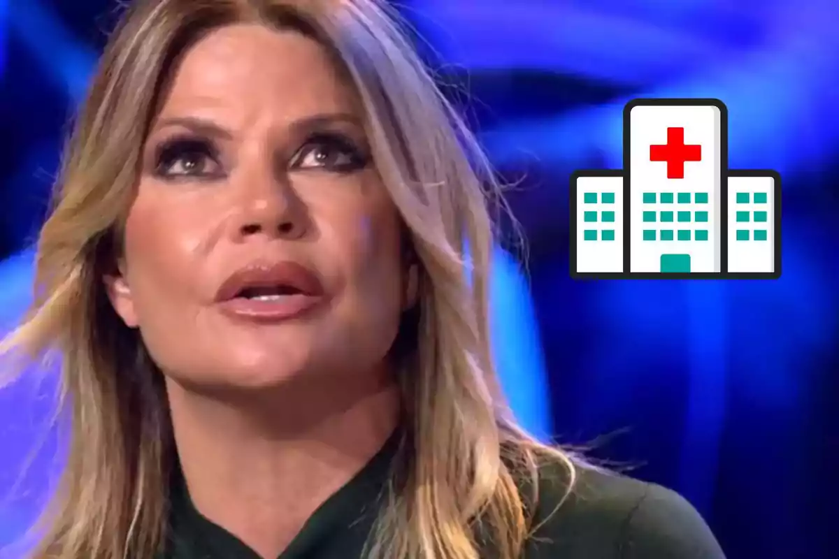 Dona rossa amb expressió seriosa i una icona d’hospital al fons sobre un fons blau