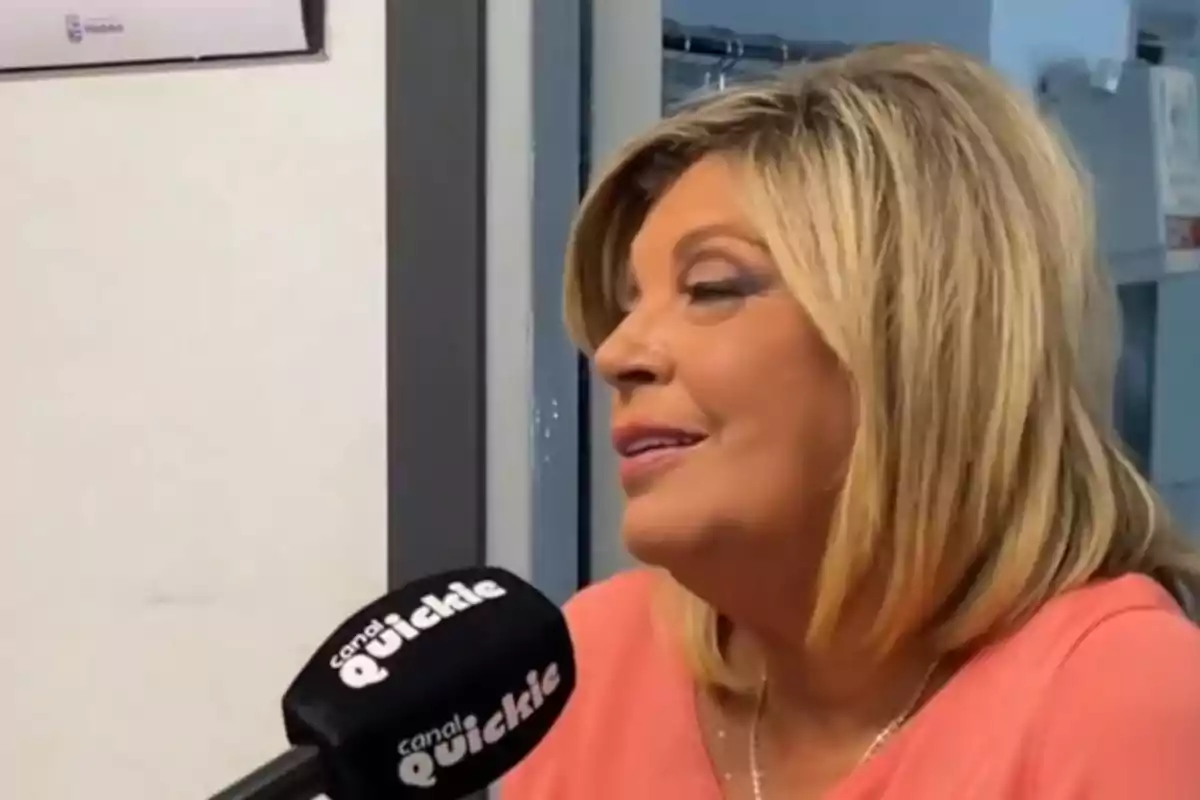 Dona rossa amb una brusa rosa parlant davant d’un micròfon negre que té el logotip del canal Quickie Dona rossa amb una brusa rosa parlant davant d’un micròfon negre que té el logotip del canal Quickie