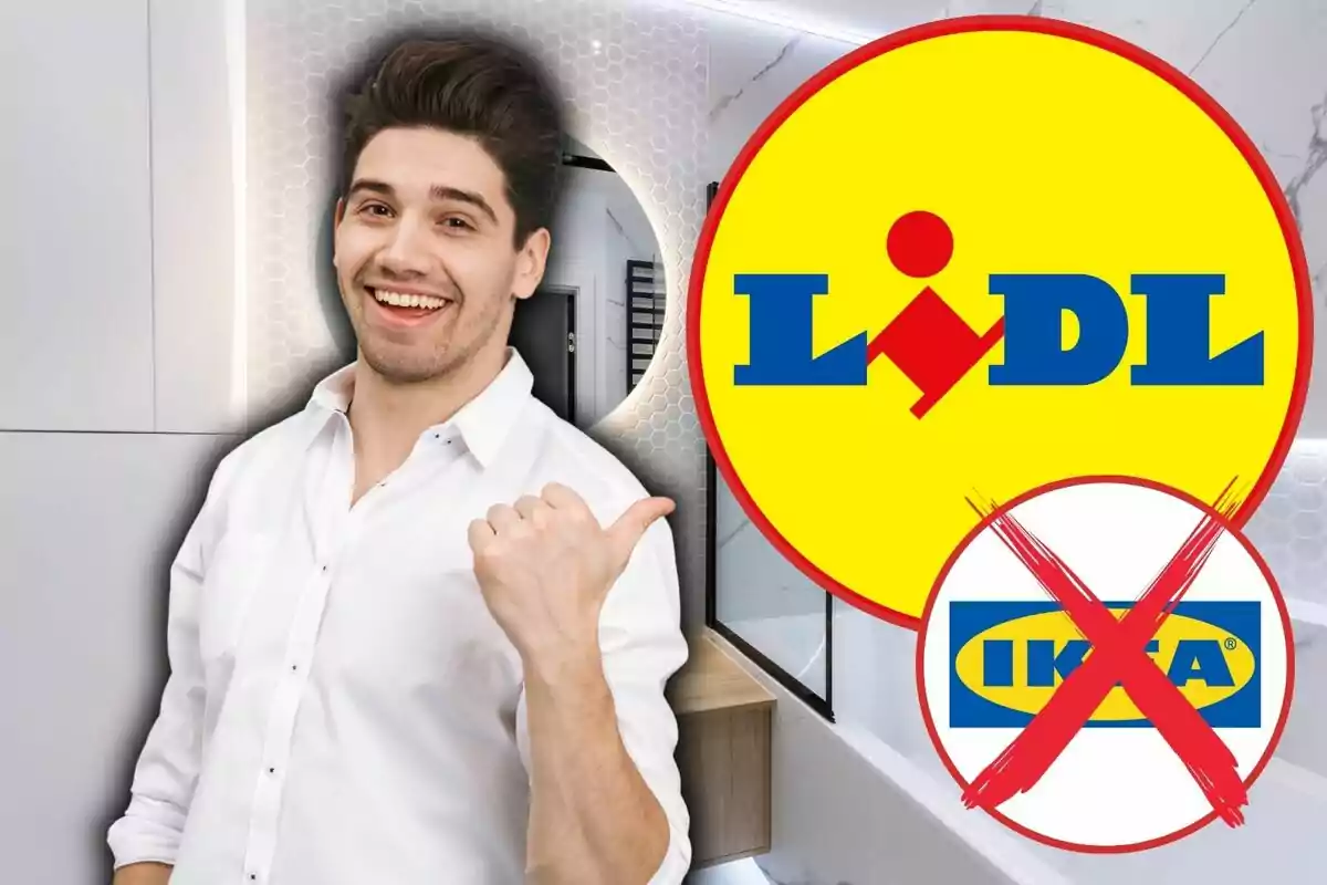 Home somrient assenyalant el logotip de Lidl mentre el logotip d'Ikea apareix ratllat