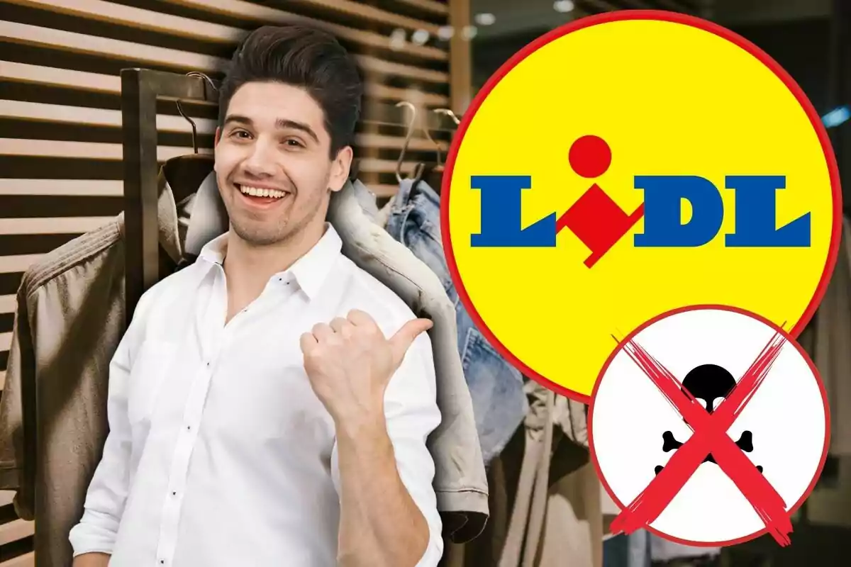 Home somrient assenyalant els logotips de Lidl i un símbol de verí ratllat