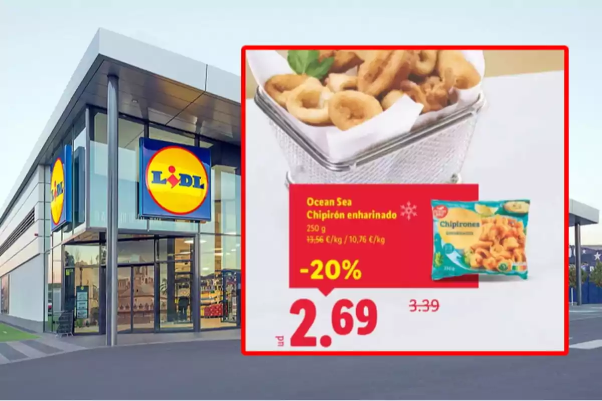 Façana de supermercat Lidl amb un cartell promocional de xipirons arrebossats en oferta Façana de supermercat Lidl amb un cartell promocional de xipirons arrebossats en oferta