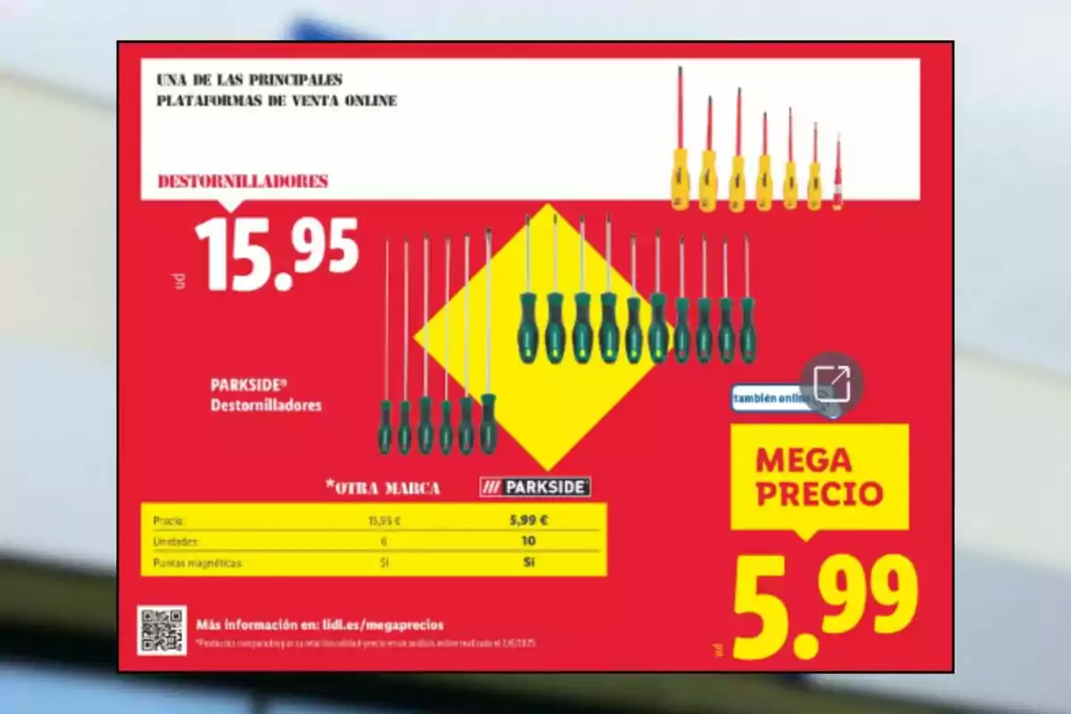Publicitat de tornavisos Parkside i d’una altra marca amb preus destacats de 15,95 i 5,99 euros sobre fons vermell i groc Publicitat de tornavisos Parkside i d’una altra marca amb preus destacats de 15,95 i 5,99 euros sobre fons vermell i groc