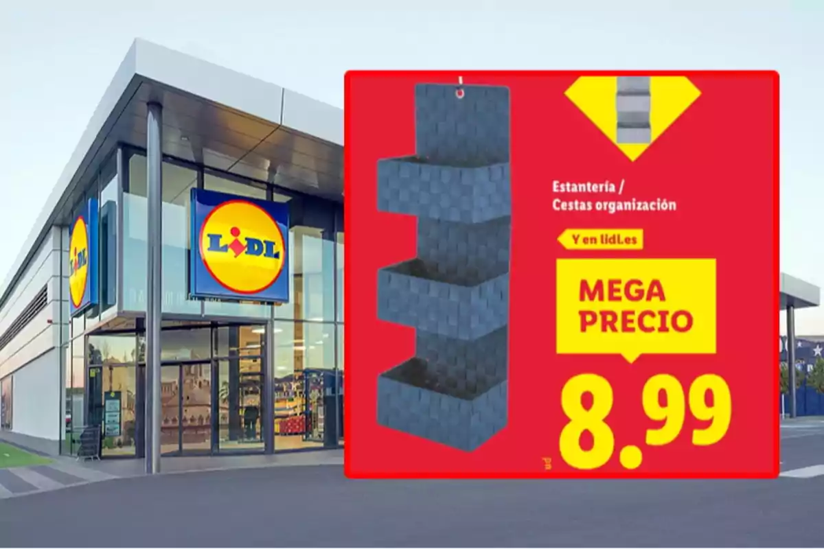 Façana d’una botiga Lidl amb un anunci d’una prestatgeria de cistelles d’organització en oferta a 8,99 euros