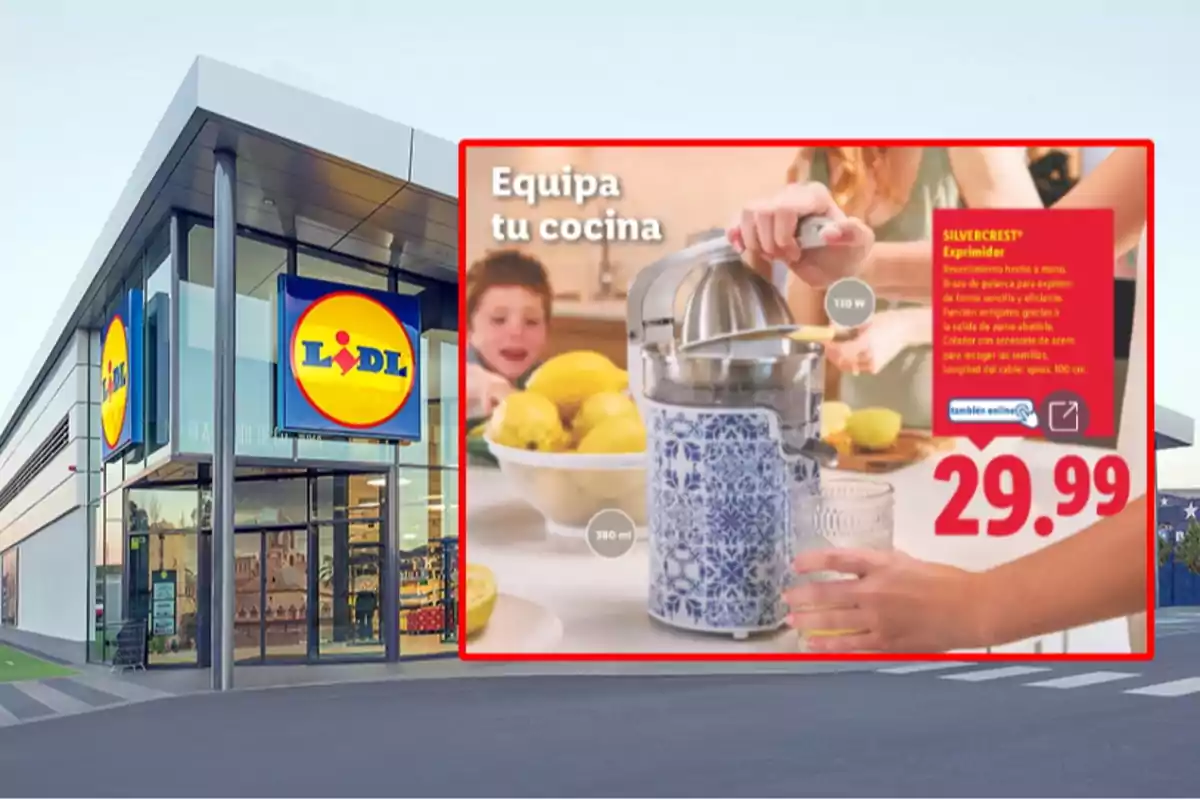 Façana d’una botiga Lidl amb un anunci d’espremedora elèctrica decorat amb motius blaus i blancs, acompanyat de llimones i un preu de 29,99 euros. Façana d’una botiga Lidl amb un anunci d’espremedora elèctrica decorat amb motius blaus i blancs, acompanyat de llimones i un preu de 29,99 euros.