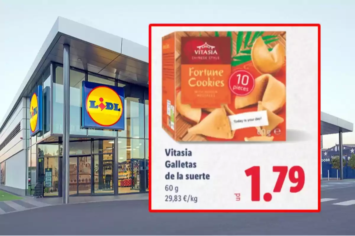 Façana d’una botiga Lidl amb un anunci de galetes de la sort Vitasia a 1,79 euros Façana d’una botiga Lidl amb un anunci de galetes de la sort Vitasia a 1,79 euros