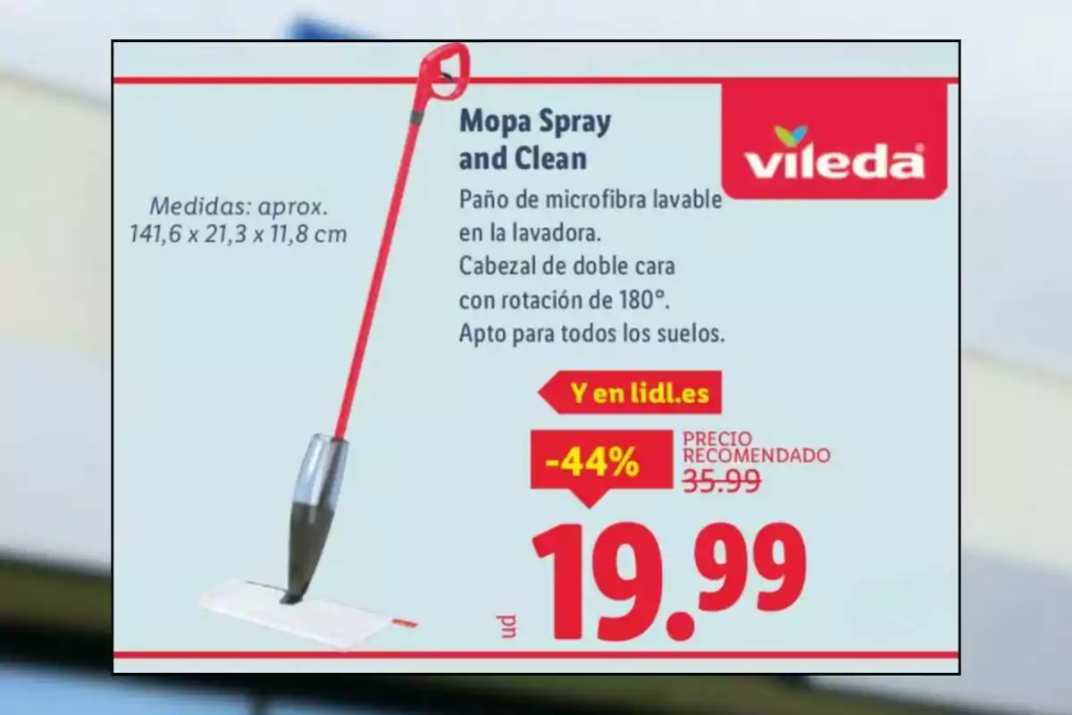 Oferta d’una mopa esprai Vileda amb drap de microfibra rentable, capçal de doble cara i rotació de 180 graus, apta per a tots els sòls, amb un preu rebaixat a 19,99 euros a Lidl. Oferta d’una mopa esprai Vileda amb drap de microfibra rentable, capçal de doble cara i rotació de 180 graus, apta per a tots els sòls, amb un preu rebaixat a 19,99 euros a Lidl.