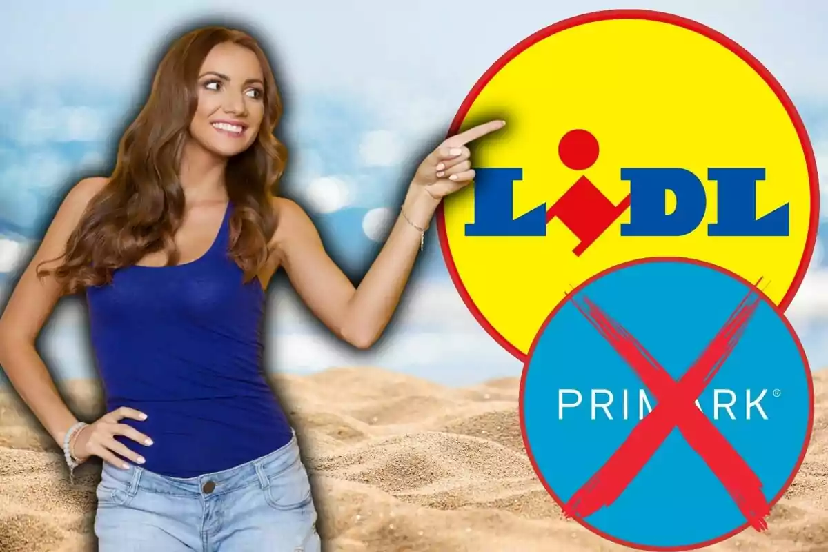 Dona somrient amb samarreta blava assenyala el logotip de Lidl mentre el logotip de Primark apareix ratllat amb una X vermella sobre un fons de platja desenfocat.