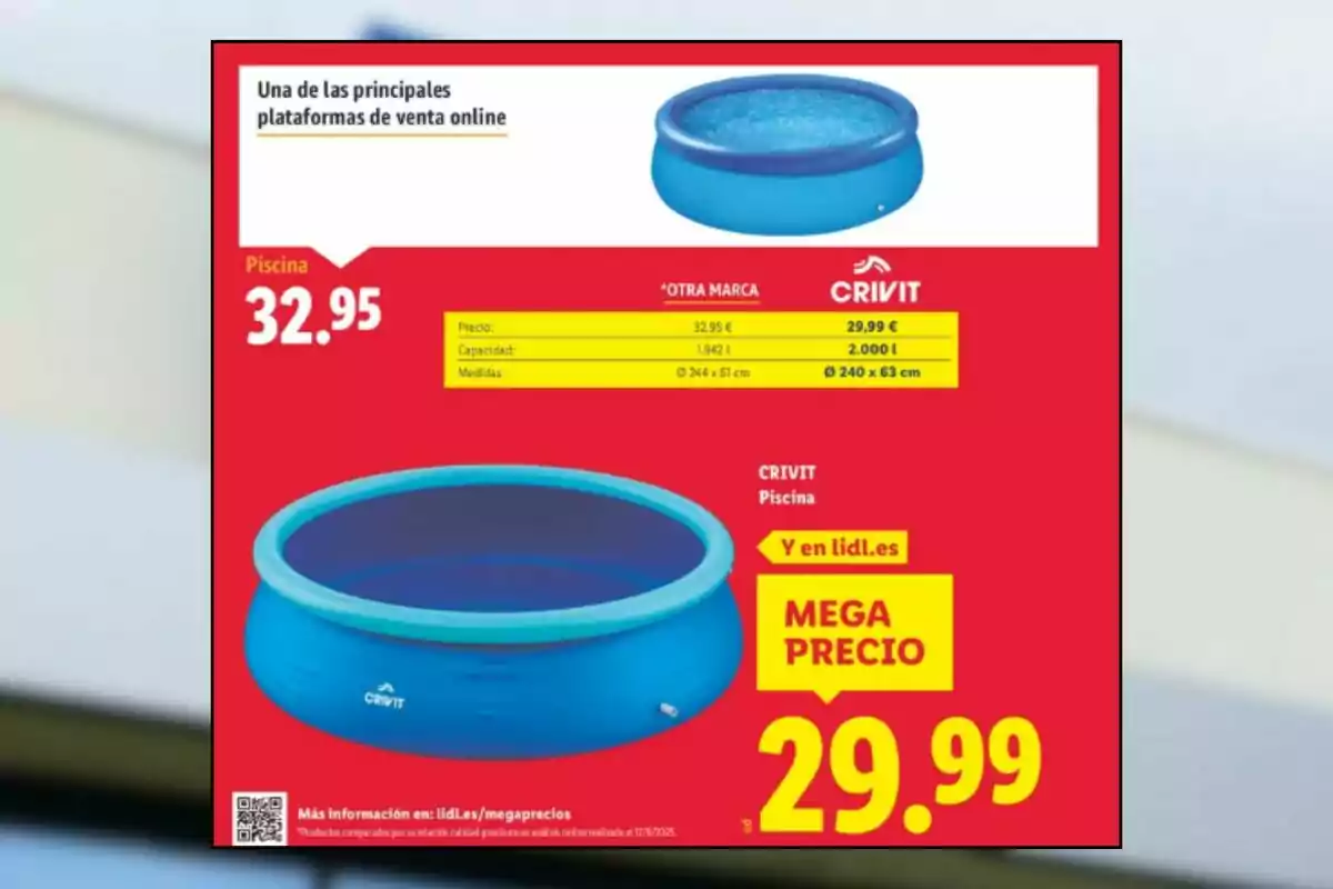 Publicitat d’una piscina inflable blava marca Crivit en oferta a Lidl per 29,99 euros destacant la seva capacitat de 2000 litres i mesures de 240 x 63 cm sobre un fons vermell amb lletres grogues i blanques Publicitat d’una piscina inflable blava marca Crivit en oferta a Lidl per 29,99 euros destacant la seva capacitat de 2000 litres i mesures de 240 x 63 cm sobre un fons vermell amb lletres grogues i blanques