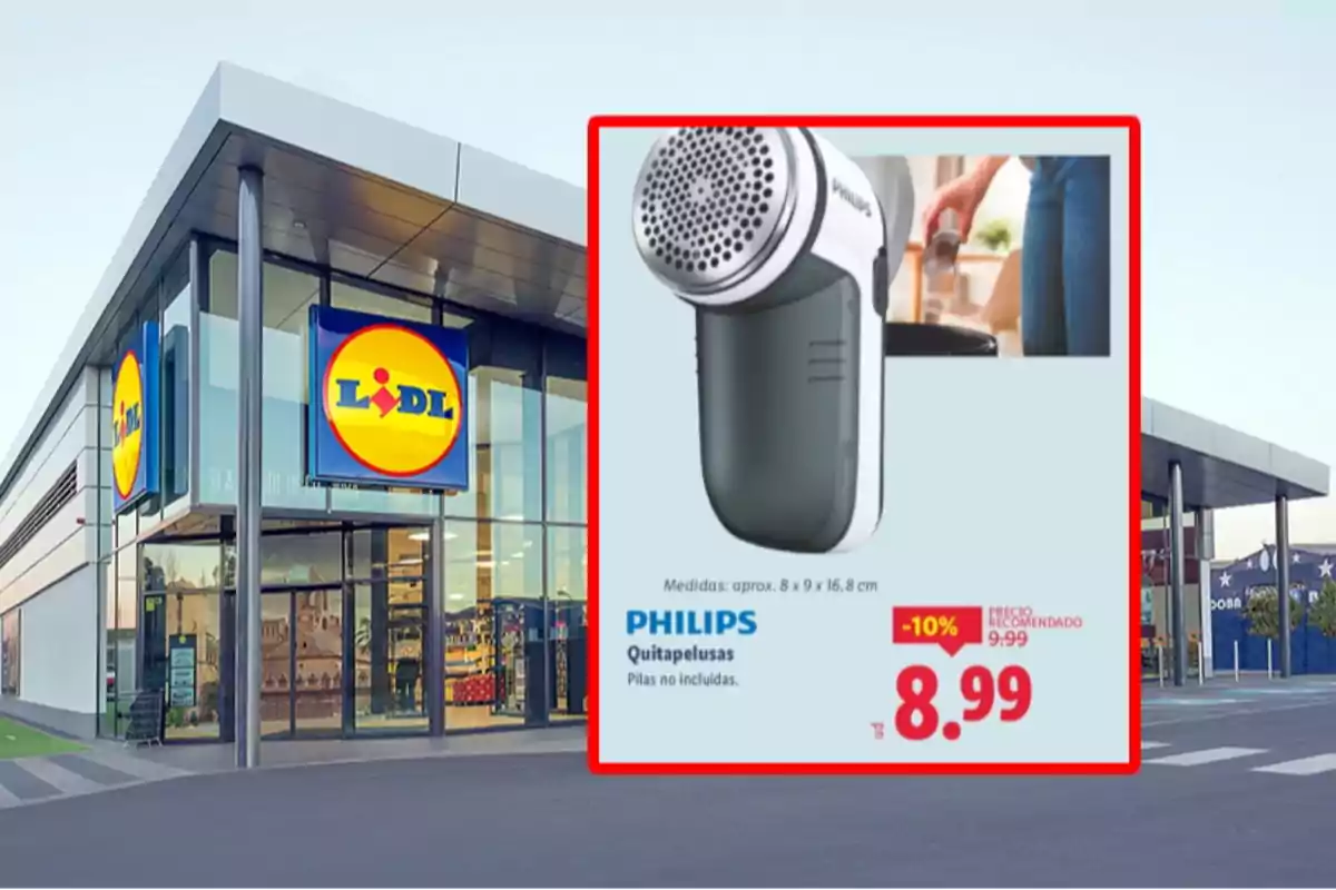 Façana d’una botiga Lidl amb un anunci d’un llevaborres Philips en oferta a 8,99 euros Façana d’una botiga Lidl amb un anunci d’un llevaborres Philips en oferta a 8,99 euros