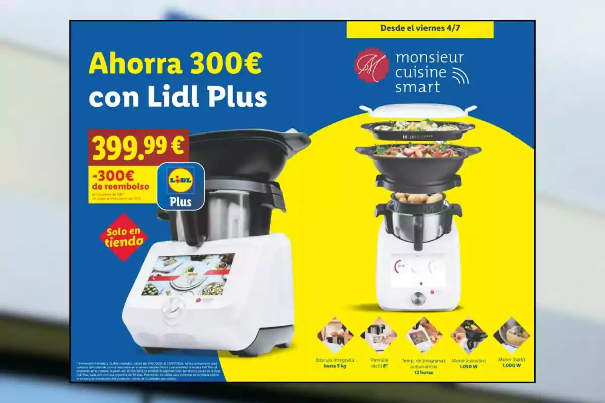 Publicitat d’una oferta de Monsieur Cuisine Smart a Lidl amb un descompte de 300 euros utilitzant Lidl Plus, mostrant el robot de cuina i les seves característiques principals sobre un fons blau i groc Publicitat d’una oferta de Monsieur Cuisine Smart a Lidl amb un descompte de 300 euros utilitzant Lidl Plus, mostrant el robot de cuina i les seves característiques principals sobre un fons blau i groc