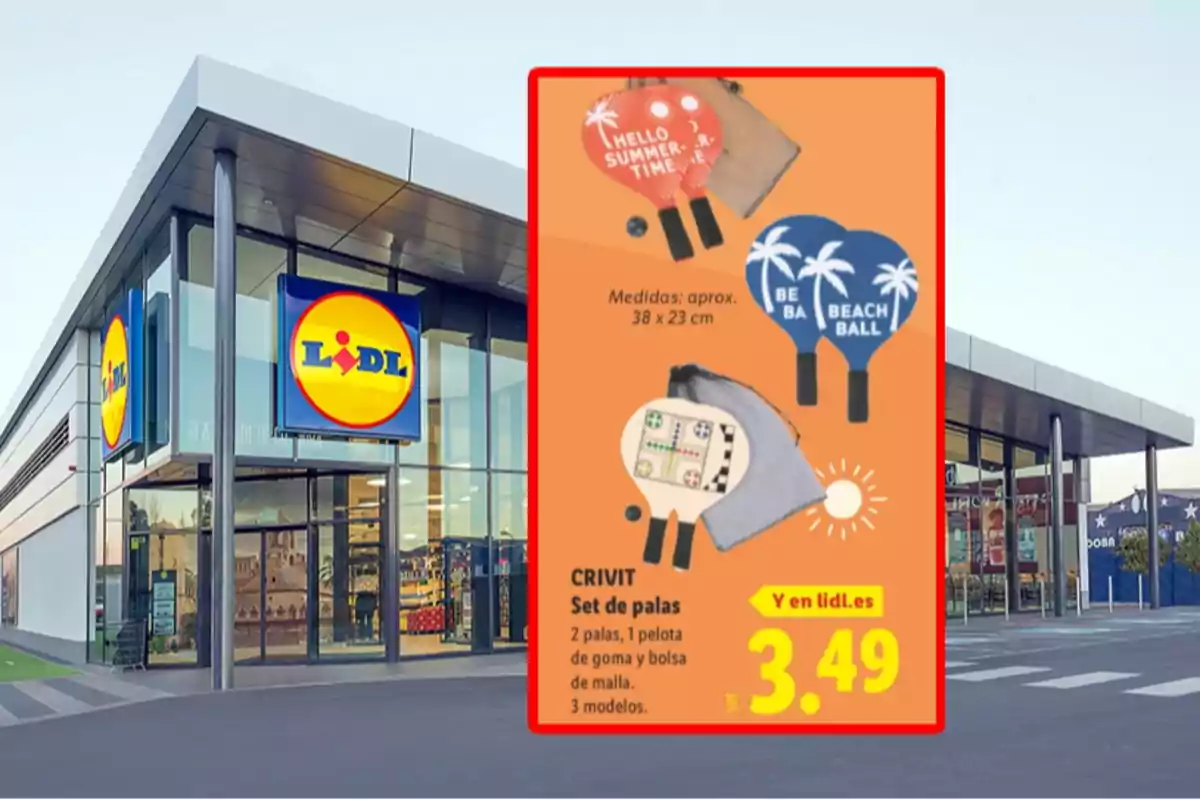 Façana d’una botiga Lidl amb un cartell promocional de jocs de pales de platja Crivit en tres models diferents a un preu de 3,49 euros. Façana d’una botiga Lidl amb un cartell promocional de jocs de pales de platja Crivit en tres models diferents a un preu de 3,49 euros.