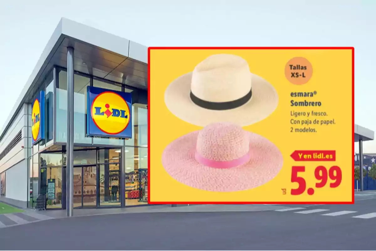 Façana d’una botiga Lidl amb un anunci de barrets de palla en dos models, un de beix amb cinta negra i un altre de rosa amb cinta rosa, a un preu de 5,99 euros. Façana d’una botiga Lidl amb un anunci de barrets de palla en dos models, un de beix amb cinta negra i un altre de rosa amb cinta rosa, a un preu de 5,99 euros.
