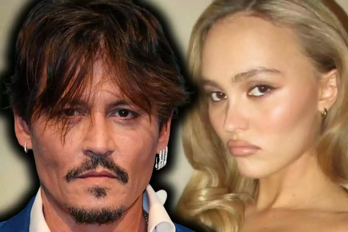 Close-up photo montage of Johnny Depp and Lily-Rose Depp, both with serious expressions.