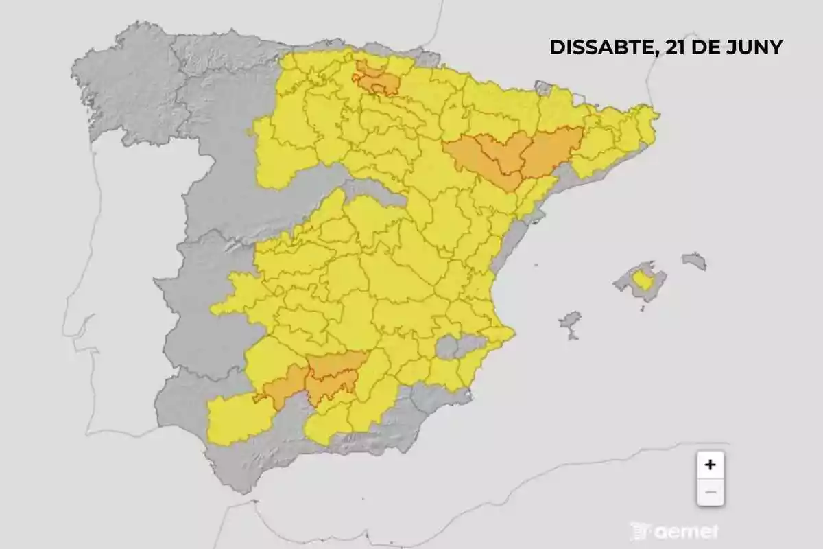 Mapa d’Espanya amb diverses províncies en alerta groga i taronja per condicions meteorològiques adverses per al dissabte 21 de juny Mapa d’Espanya amb diverses províncies en alerta groga i taronja per condicions meteorològiques adverses per al dissabte 21 de juny