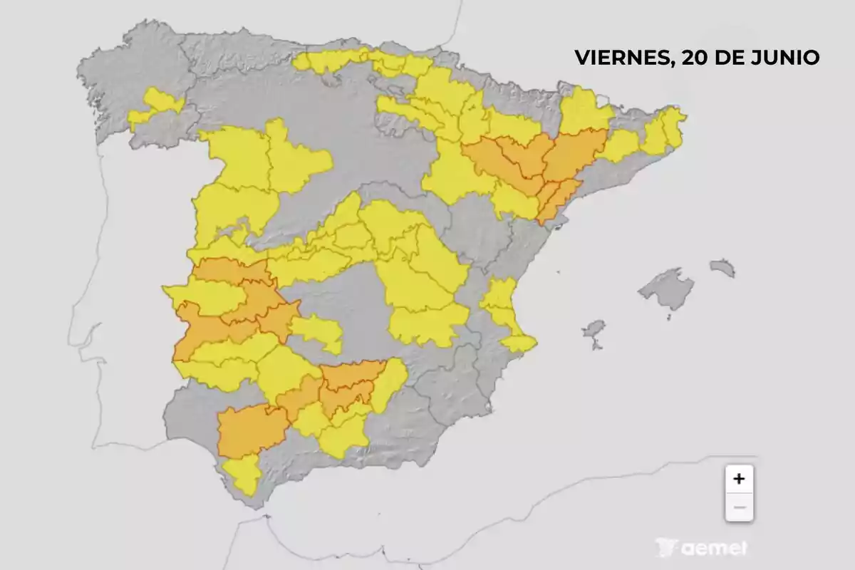 Mapa d’Espanya amb diverses províncies en groc i taronja indicant alertes meteorològiques per altes temperatures per al divendres, 20 de juny. Mapa d’Espanya amb diverses províncies en groc i taronja indicant alertes meteorològiques per altes temperatures per al divendres, 20 de juny.