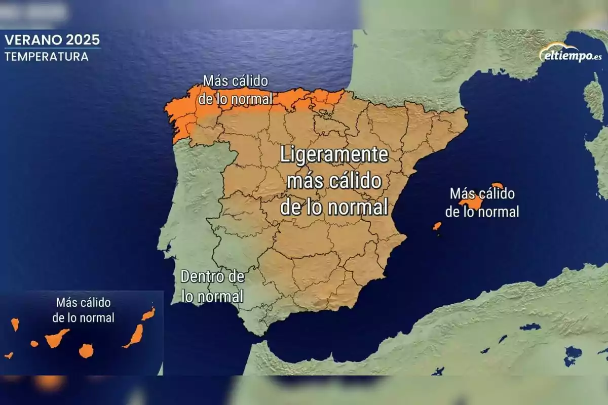 Mapa d’Espanya que mostra com seran les temperatures aquest estiu de 2025, destacant les zones on seran una mica més altes de l’habitual. Mapa d’Espanya que mostra com seran les temperatures aquest estiu de 2025, destacant les zones on seran una mica més altes de l’habitual.