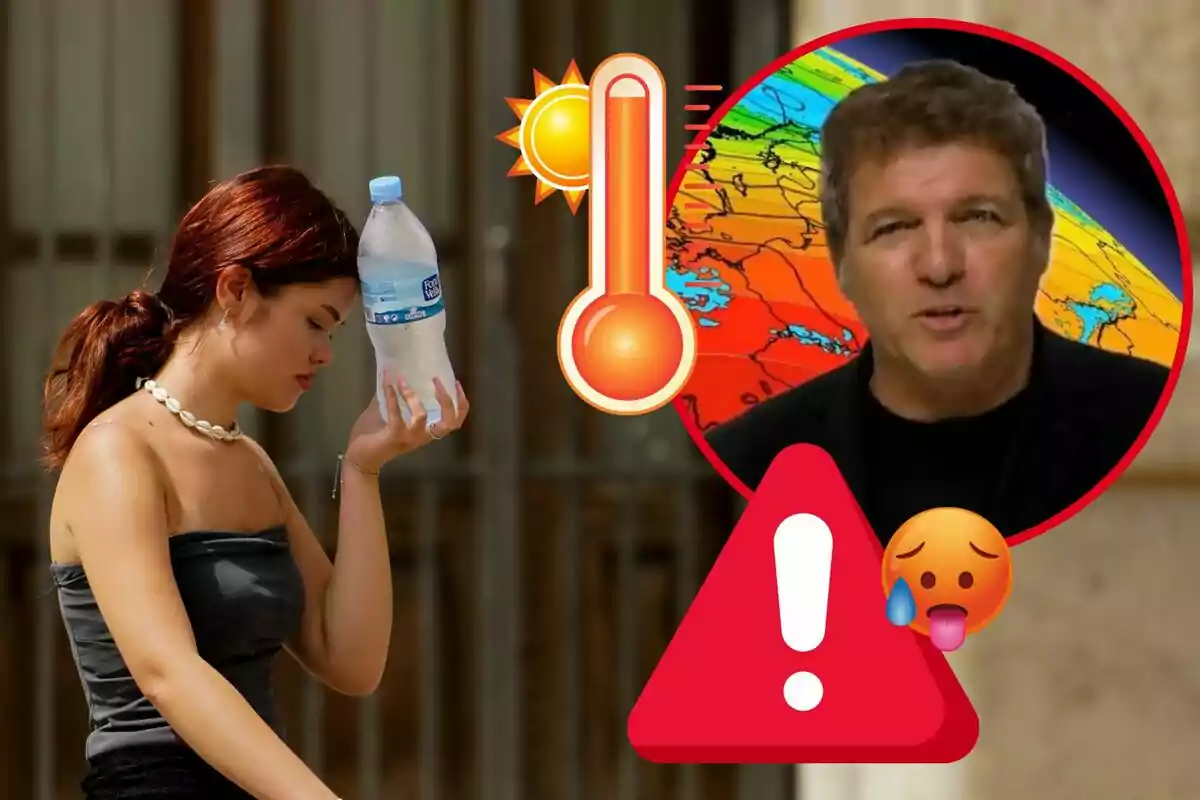 Una jove es refresca amb una ampolla d’aigua freda al cap mentre apareixen gràfics de calor extrema, un termòmetre, un mapa de temperatures i un símbol d’advertència.