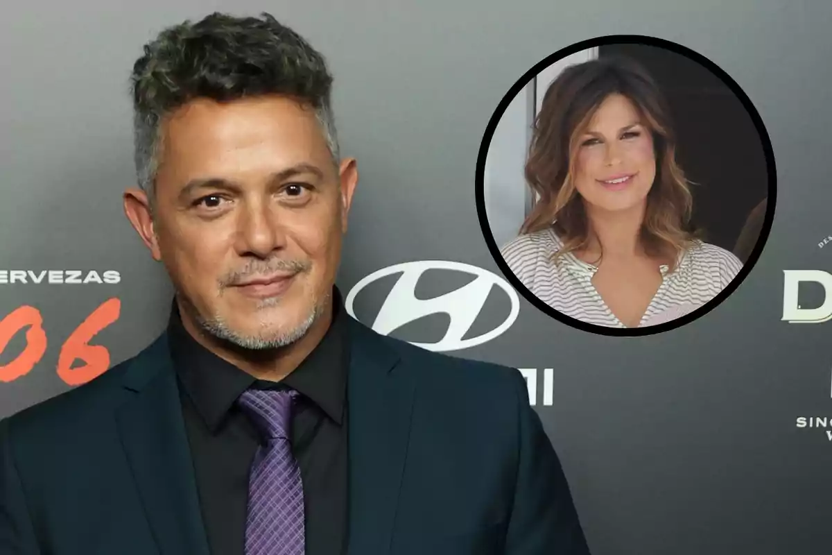 Montage with Alejandro Sanz, with short gray hair, wearing a dark suit and a purple tie, and the face of Raquel Perera inside a black circle in the upper right corner