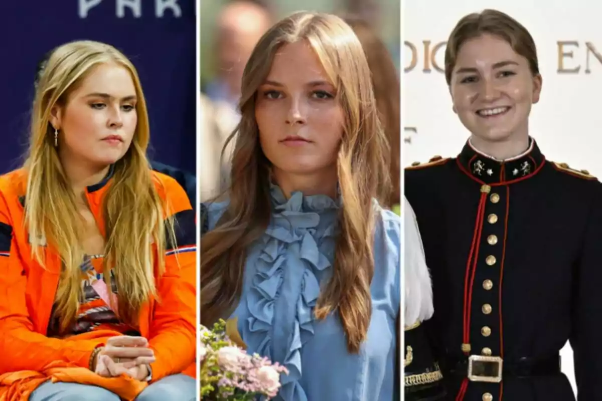 Amalia of the Netherlands, Ingrid of Norway, and Elisabeth of Belgium pose in different settings: one in an orange jacket, another in a blue blouse, and the third in a dark military uniform. Amalia of the Netherlands, Ingrid of Norway, and Elisabeth of Belgium pose in different settings: one in an orange jacket, another in a blue blouse, and the third in a dark military uniform.