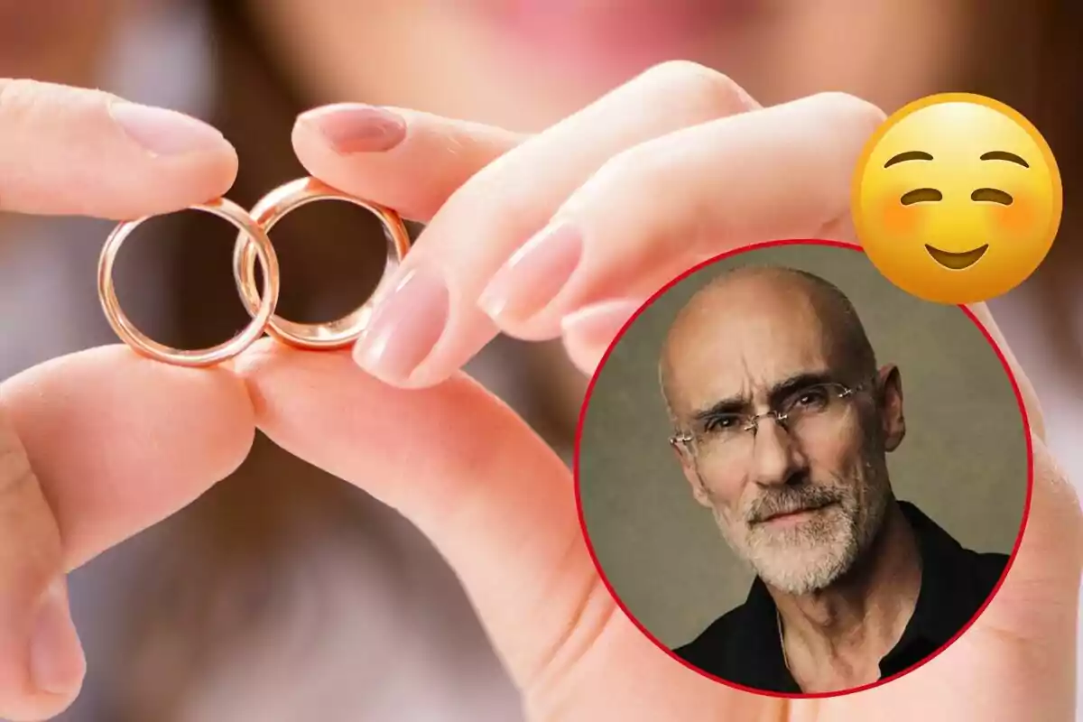Hands holding two golden rings with a frame of a bearded man with glasses and a smiling emoji