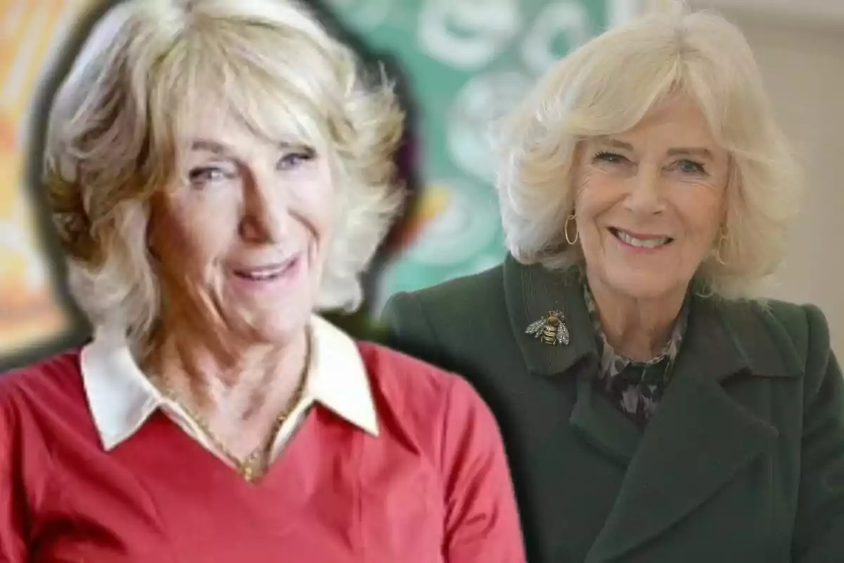 Annabel Elliot i la reina Camila somriuen, una porta un jersei vermell amb camisa blanca i l’altra una jaqueta verda amb un fermall d’abella.
