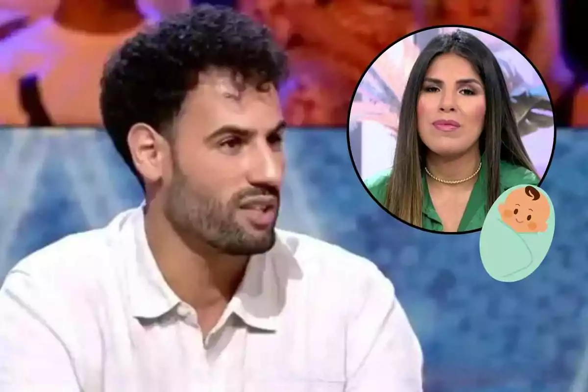 Asraf Beno de cabell arrissat i barba està parlant en un programa de televisió, mentre a la cantonada apareix un cercle amb la imatge d’Isa Pantoja de cabell llarg i llis, al costat d’un dibuix d’un nadó embolicat amb una manta.