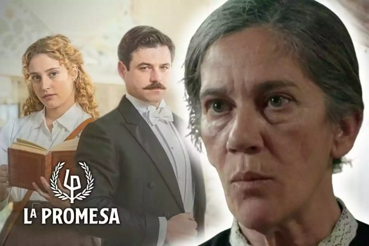Tres personatges de la sèrie La Promesa apareixen a la imatge, dos d’ells al fons amb vestimenta d’època i una dona gran en primer pla amb expressió seriosa, que és l’actriu Marga Martínez.