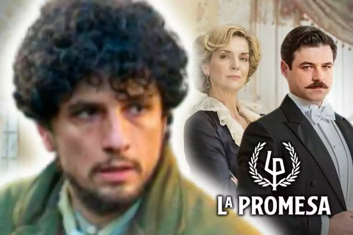 Tres personatges de la sèrie La Promesa apareixen a la imatge, un en primer pla amb expressió seriosa —que és l’Álvaro Quintana— i dos al fons vestits d’època al costat del logotip de la sèrie.