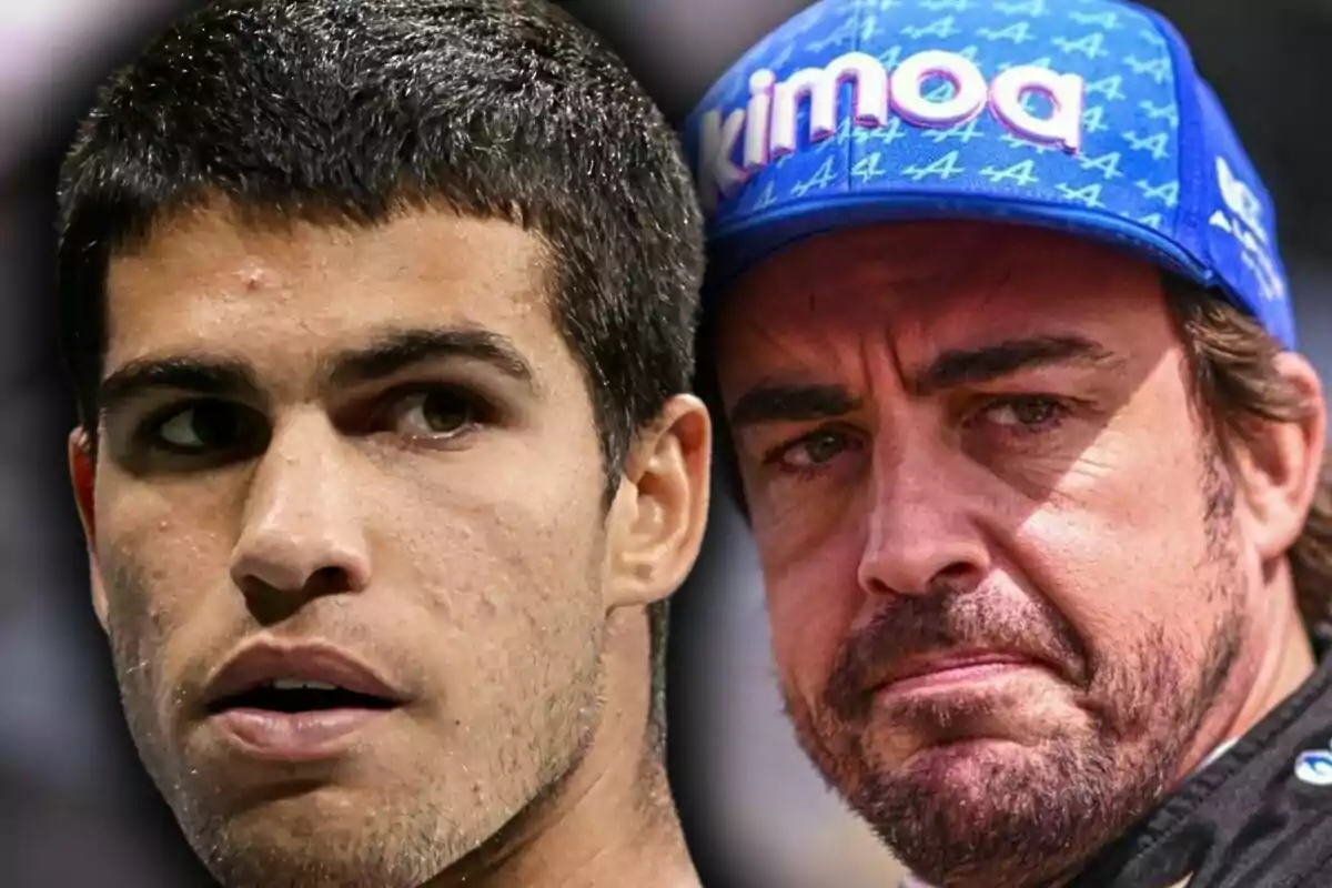 Close-up photo montage of Carlos Alcaraz and Fernando Alonso, both with serious expressions.