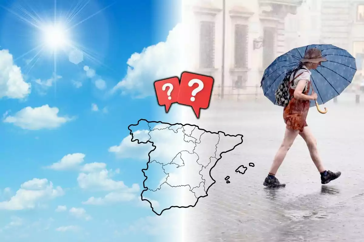 La meitat de la imatge mostra un cel assolellat i l’altra meitat una persona caminant sota la pluja amb paraigua, al centre hi ha un mapa d’Espanya i dos signes d’interrogació.