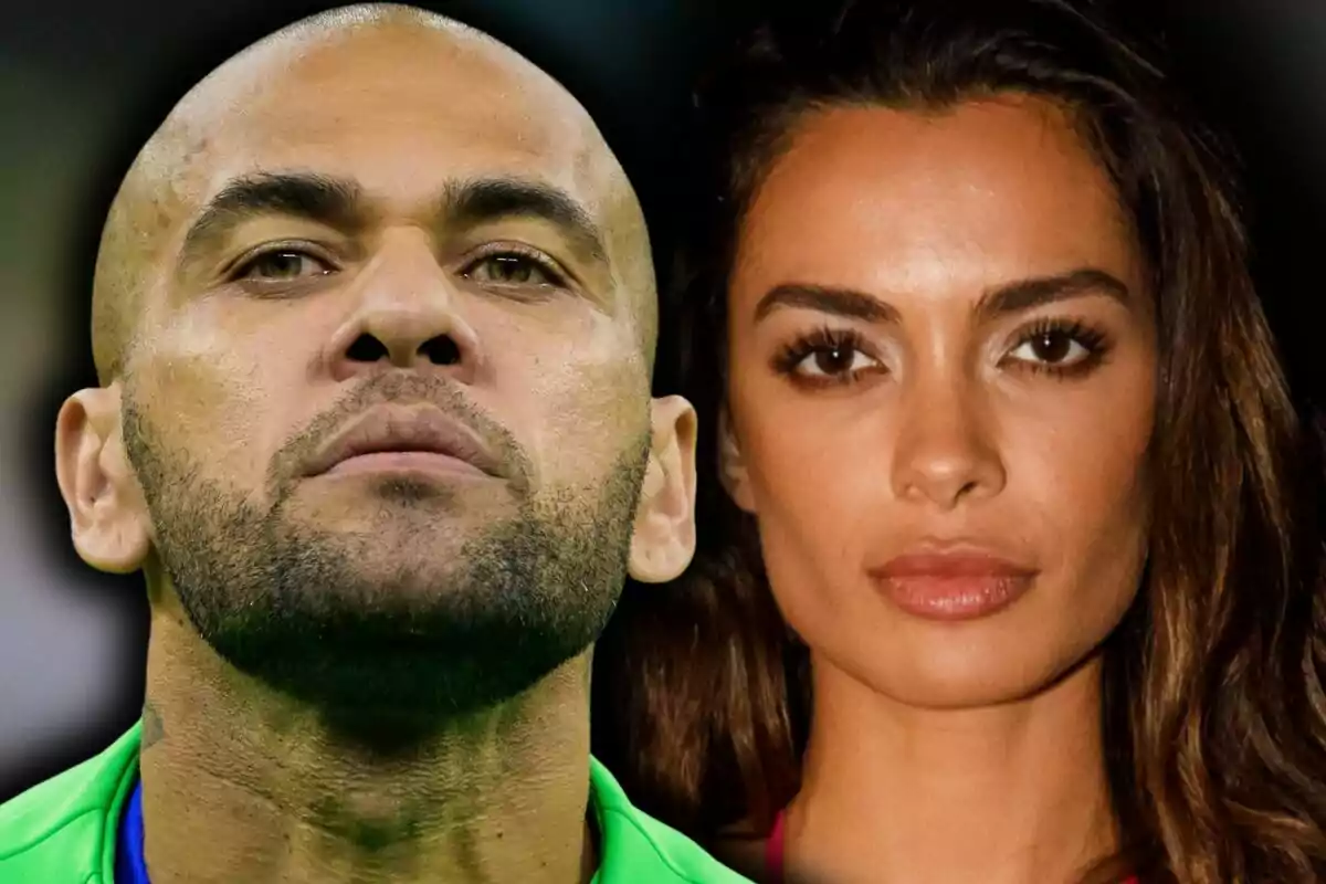 Close-up photo montage of Dani Alves and Joana Sanz, both with serious expressions looking straight ahead.