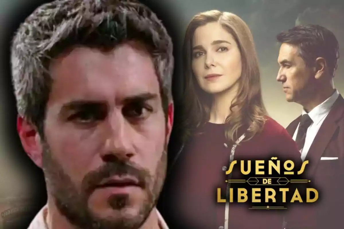 Primer pla de Dani Tatay amb expressió seriosa i al fons una dona i un home al costat del títol 'Sueños de Libertad'.