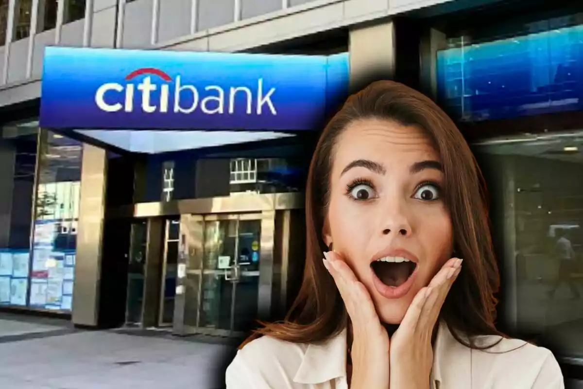 Woman with a surprised expression in front of the entrance to a Citibank branch.
