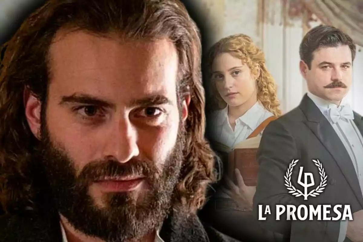 Tres personatges de la sèrie 'La Promesa' apareixen a la imatge, un d’ells és l’Adriano en primer pla amb barba i cabell llarg, mentre que al fons es veuen una dona amb un llibre i un home amb bigoti i esmòquing, al costat del logotip de la sèrie.