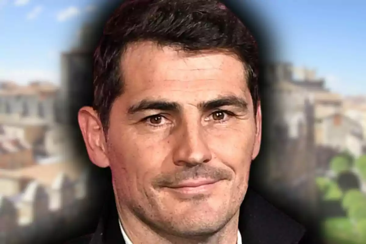 Close-up of Íker Casillas with a serious expression and a blurred urban background.