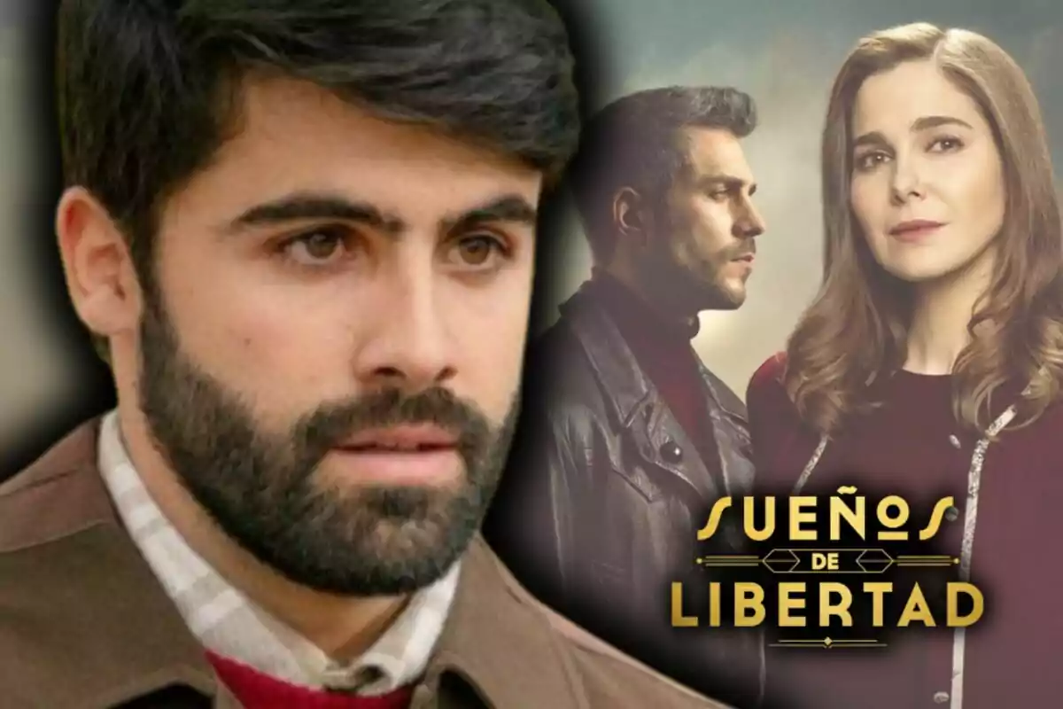 Primer pla de Javier Gutiérrez al costat d’un cartell promocional de la sèrie 'Sueños de Libertad', on apareixen dos personatges més i el títol en lletres daurades.