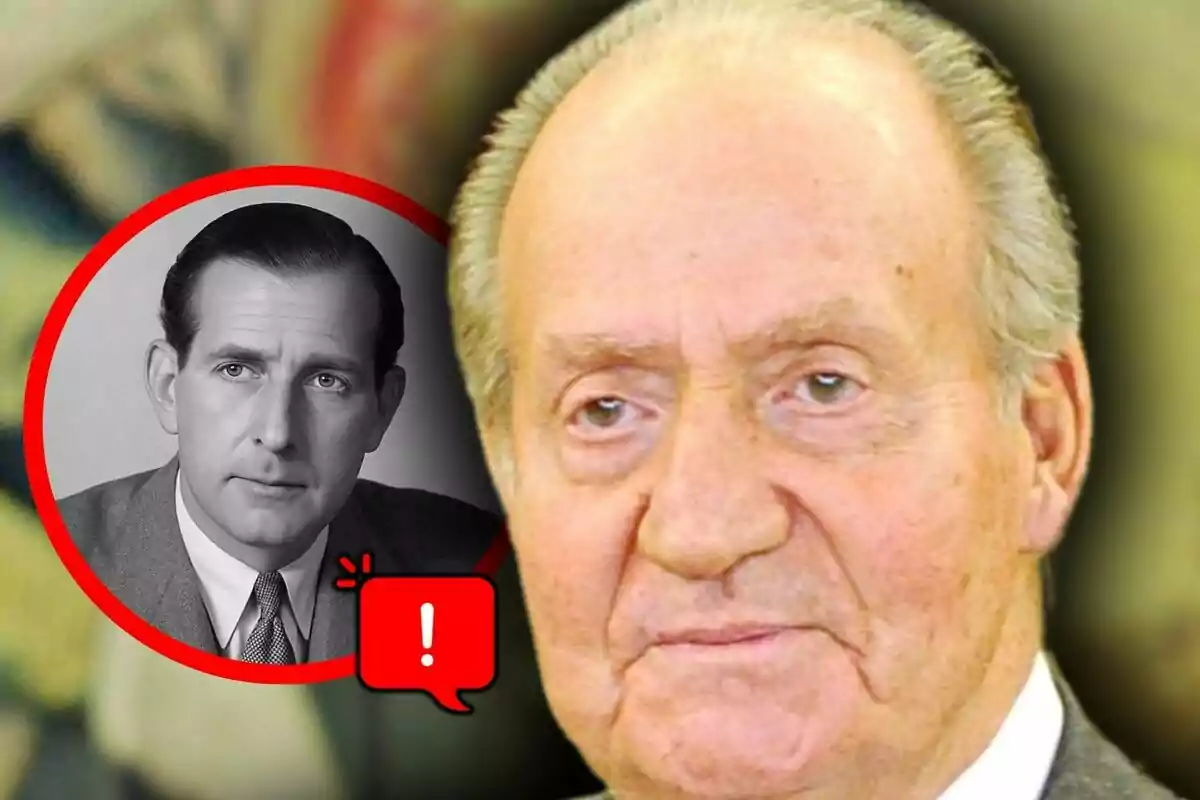 Primer pla de Joan Carles I amb expressió seriosa i a la cantonada esquerra un requadre vermell mostra la foto en blanc i negre de Joan de Borbó, el seu pare, amb una icona d’exclamació.