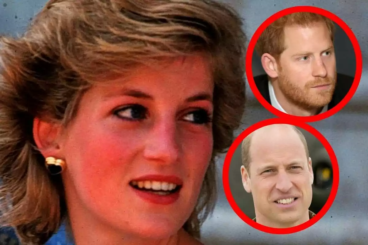 Muntatge de fotos en primer pla de la Lady Di, el príncep Harry i el príncep Guillem.