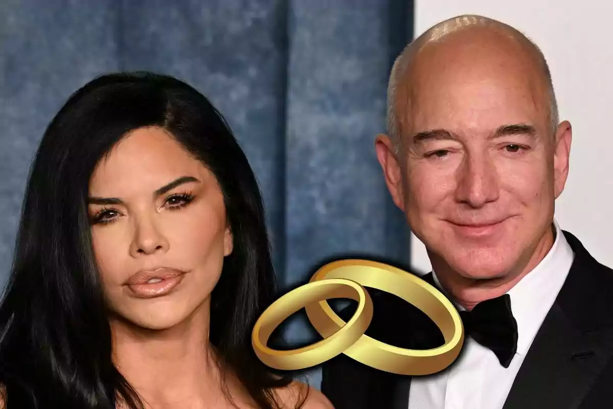 A couple—Jeff Bezos and Lauren Sánchez—posing together with two overlapping gold rings in the foreground.