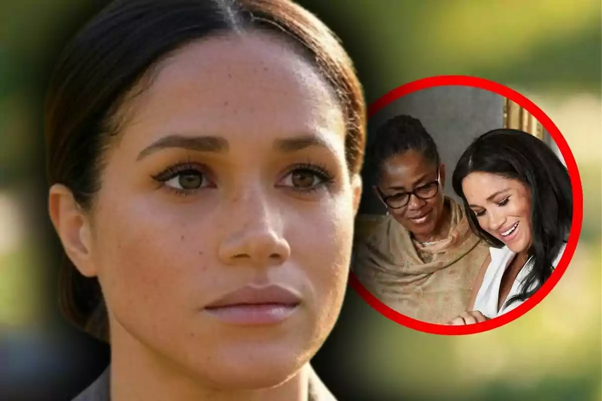 Muntatge de fotos en primer pla de Meghan Markle amb rostre seriós i, al costat, una imatge de Doria Ragland (la seva mare) amb ella.