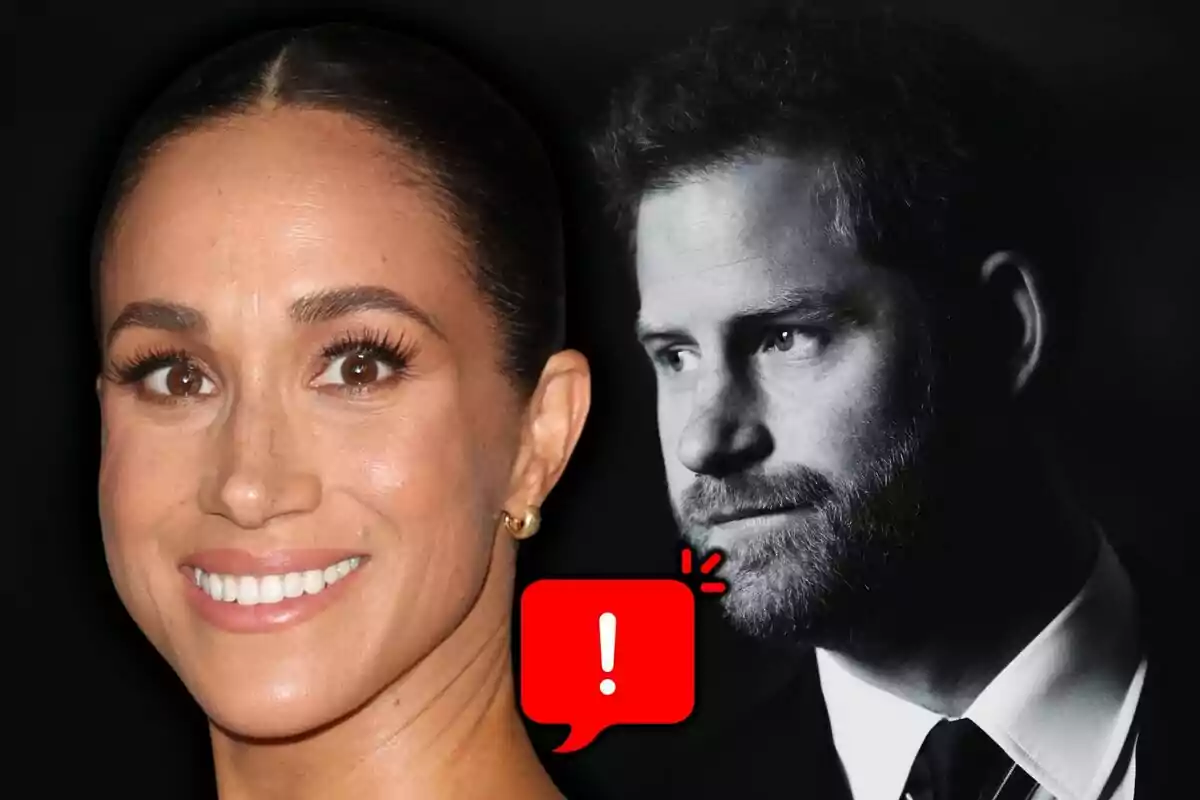 Meghan Markle smiling in the foreground and a black-and-white image of Prince Harry in the background with a red message icon featuring an exclamation mark between them.