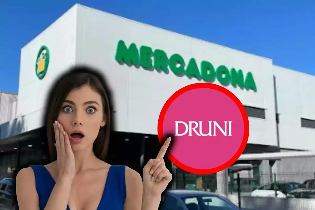 Dona sorpresa davant d’un supermercat Mercadona amb un cercle rosa que té el text Druni.