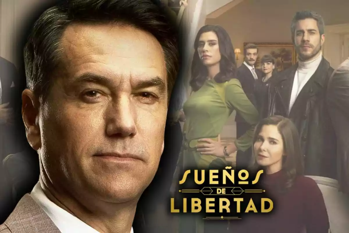 Primer pla d’Oriol Tarrasón seriós amb vestit, amb un grup de persones al fons i el títol ‘Sueños de Libertad’ en lletres daurades.